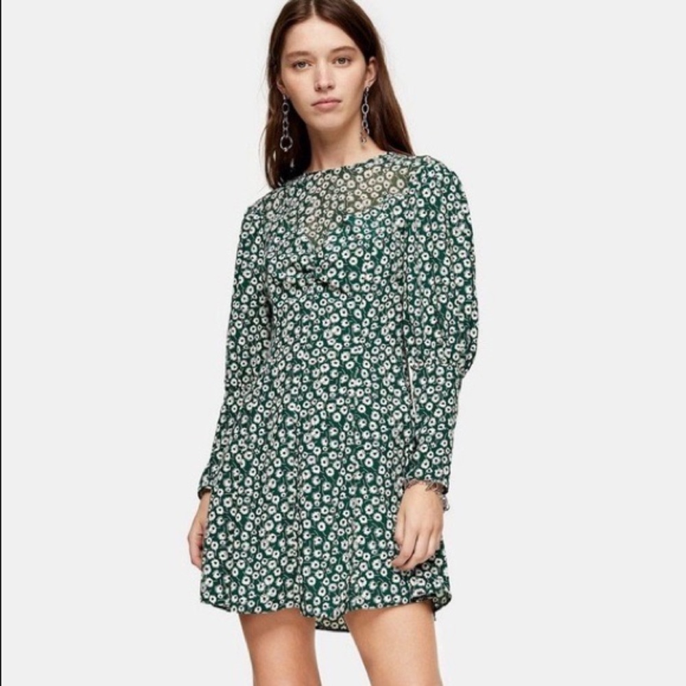 Topshop green floral print mini dress size 8